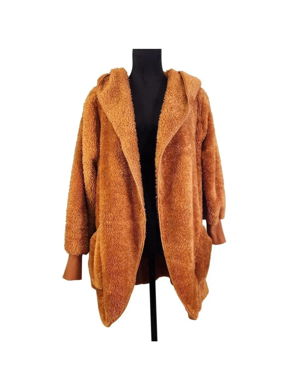 ZENANA Hooded Faux Fur Jacket with Pockets, Almond Brown, Size Medium